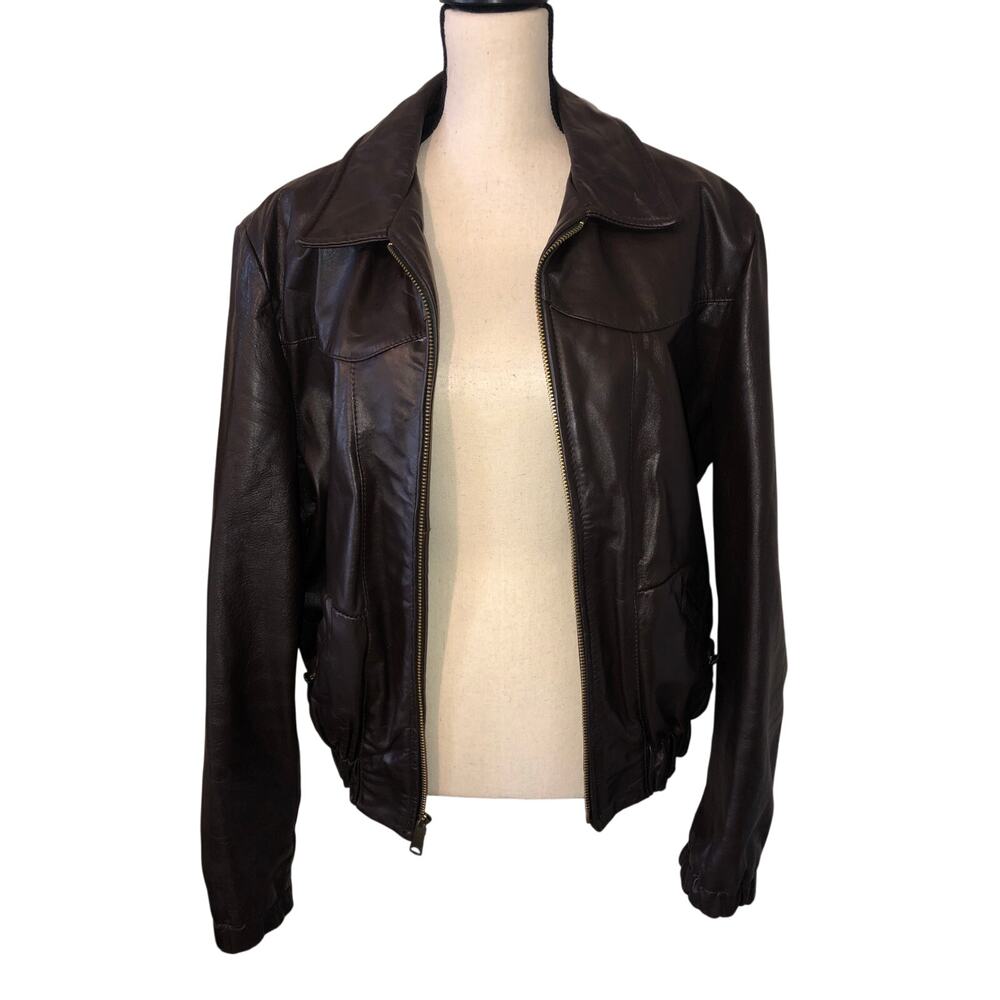Vintage 70s Sears Leather Shop Bomber Jacket Mens 42 Brown Faux Fur Lining Retro